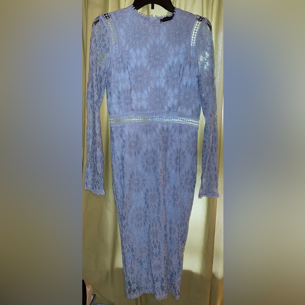 PrettyLittleThing Blue Lace Fitted Long Sleeve Dress Size 8